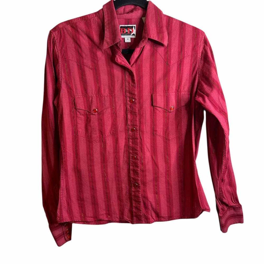 Playful Pink Cowgirl Snap Button Shirt | Western Striped Top | M